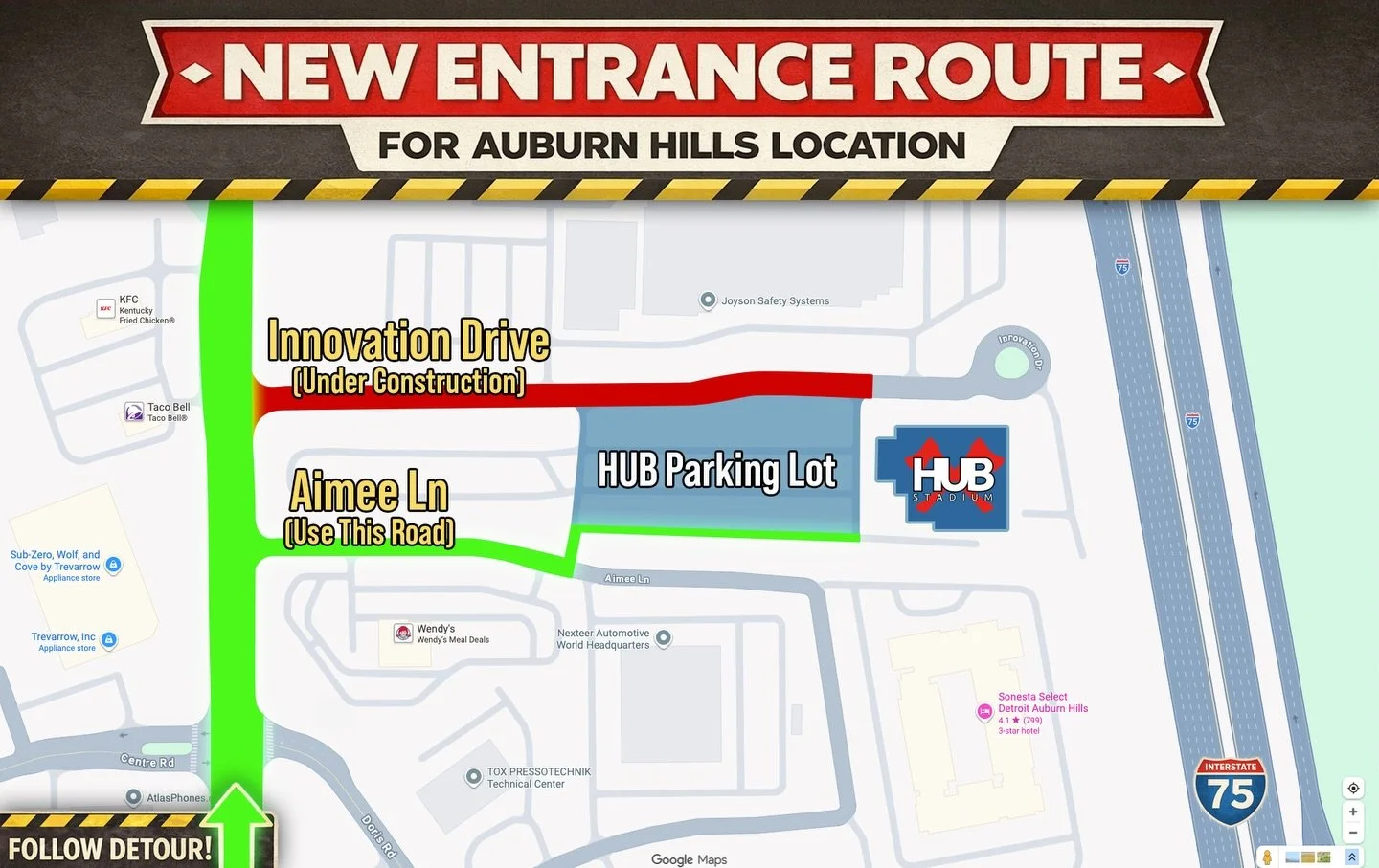 🚧 AUBURN HILLS UPDATE 🚧 

Innovation Dr is currently under construction through June and may impact your usual route into The Hub.

📍 Please enter via Aimee Ln to access our parking lot.  Quick detour. Same great experience! 🎯