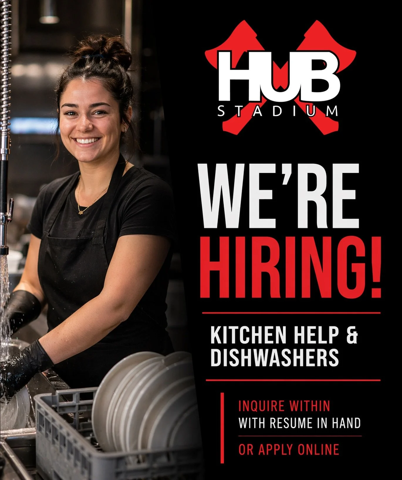 Sharp skills wanted 🪓&hellip;at least a strong rinse game 😏 

Now hiring Kitchen Help &amp; Dishwashers
Apply in person or thehubstadium.com
