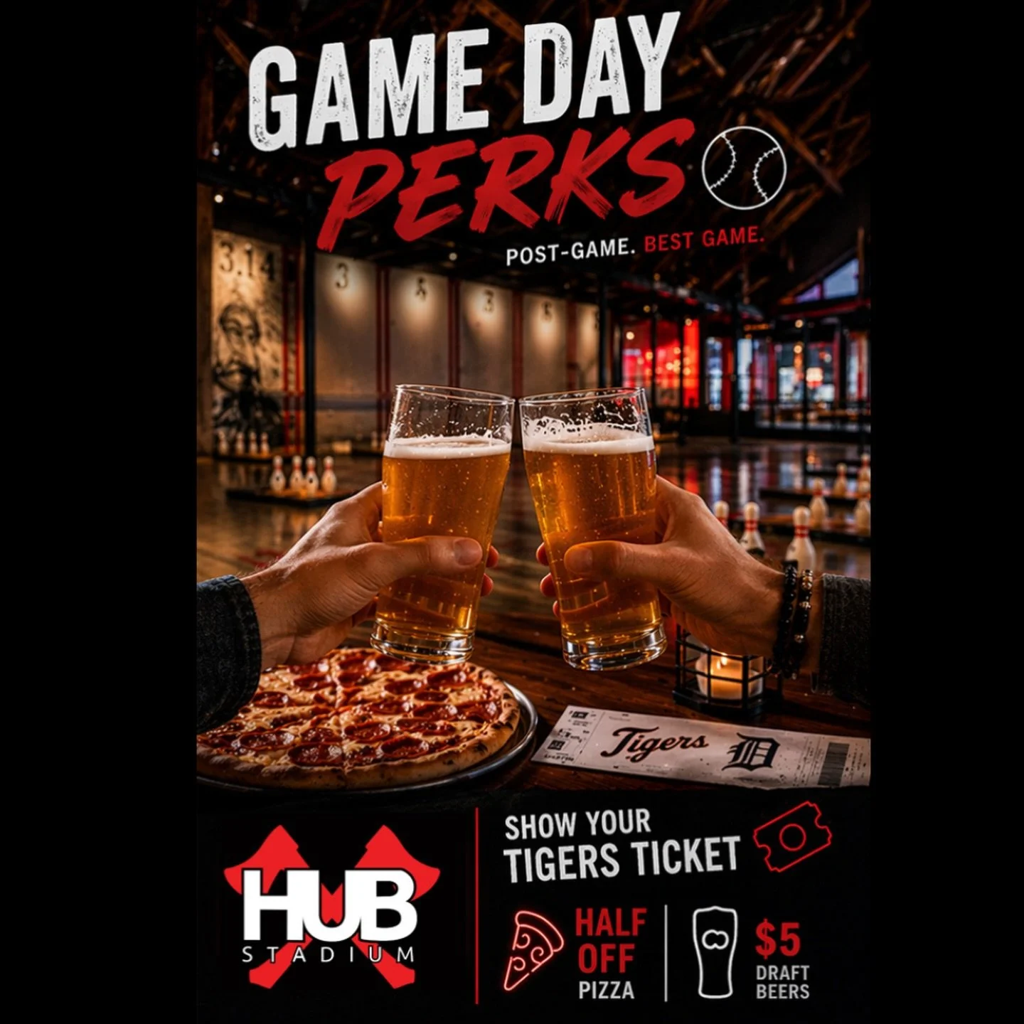 Game day doesn&rsquo;t end at the final out ⚾
Keep it going at The Hub!

🎟️ Show your Tigers ticket:
🍕 Half off pizza
🍺 $5 draft beers