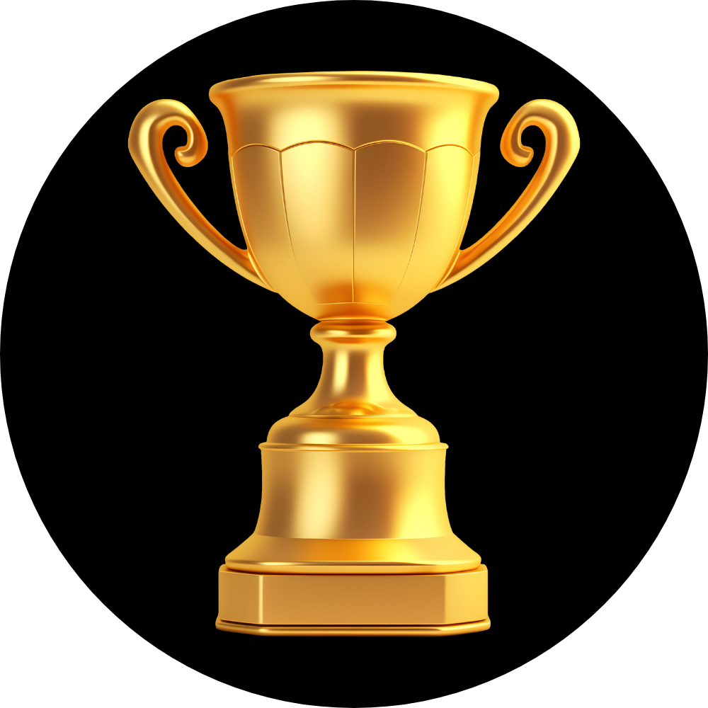 A gold trophy cup with handles on a black background.