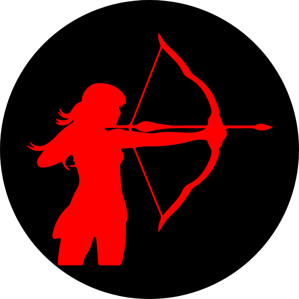Silhouette of a female archer aiming a bow and arrow, shown in red