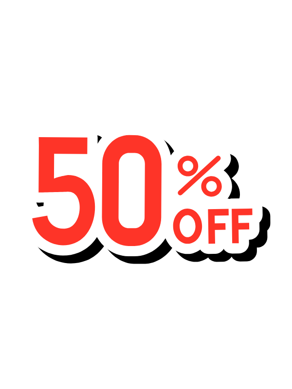 A black background with bold red and white text displaying a discount offer of 50% off.