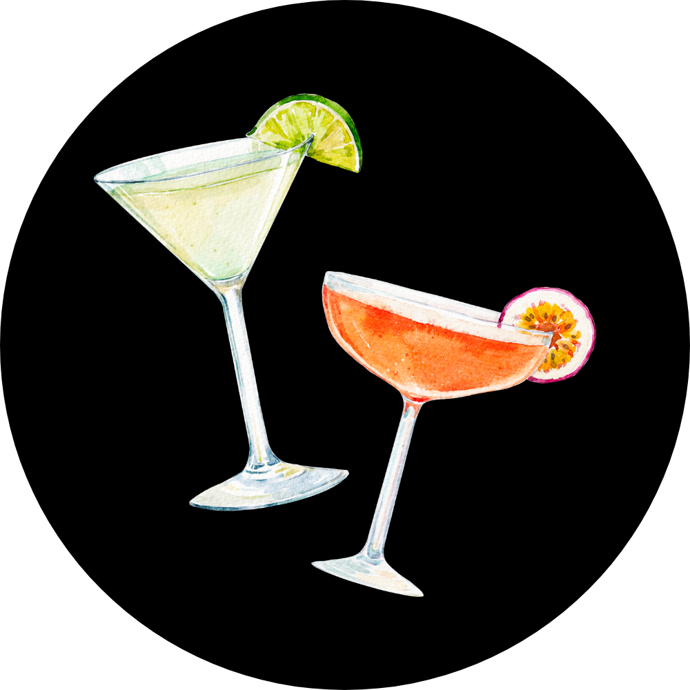 Illustration of two cocktails in glasses, one with a lime and one with a fruit garnish
