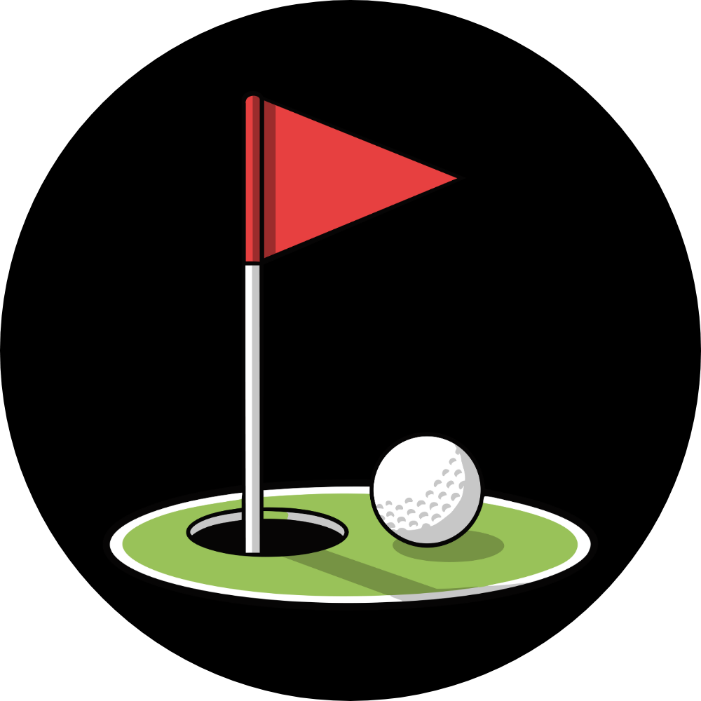 Graphic of a golf ball next to a hole with a red flag