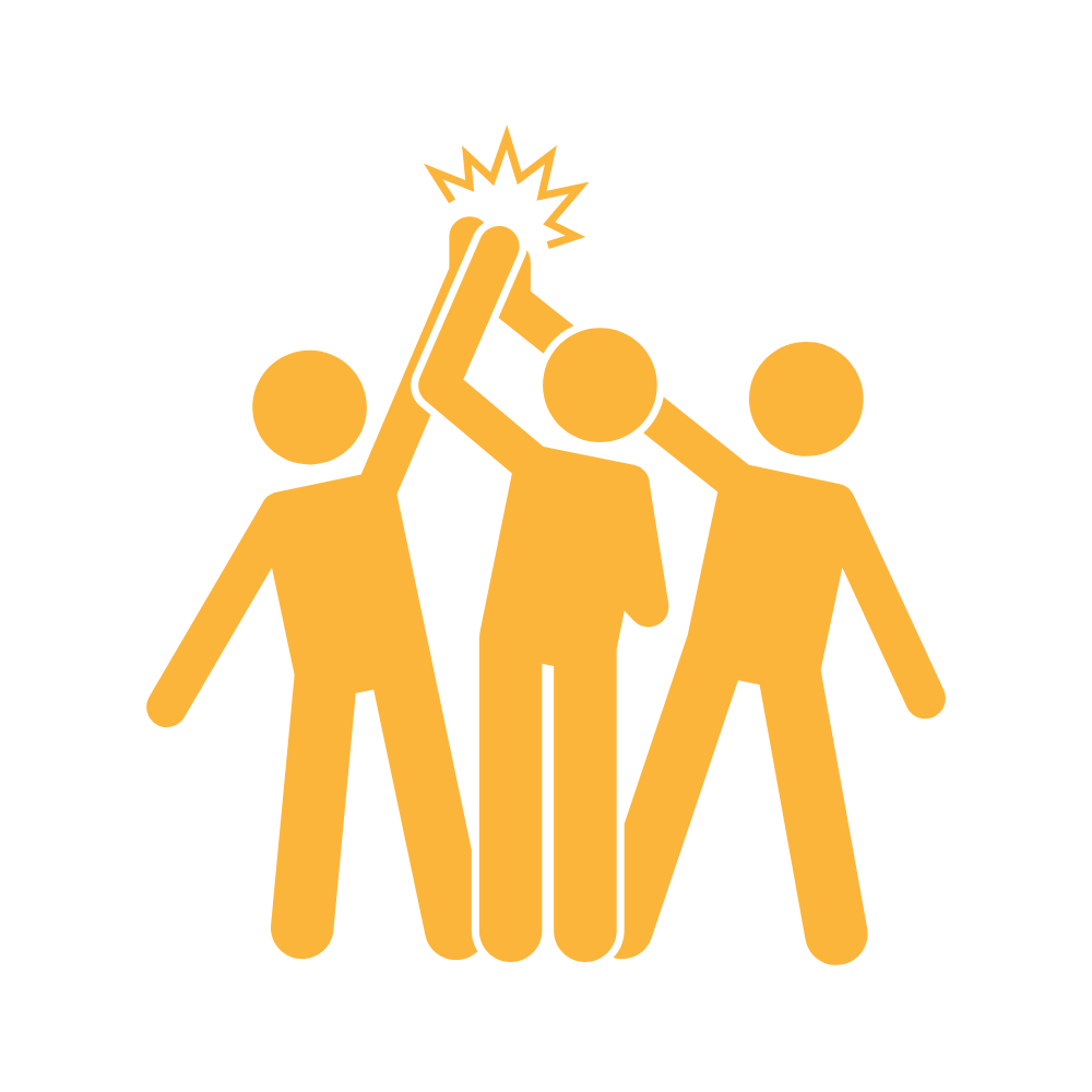 Illustration of three yellow human figures giving each other a high-five with a burst symbol above the middle figure's hand.