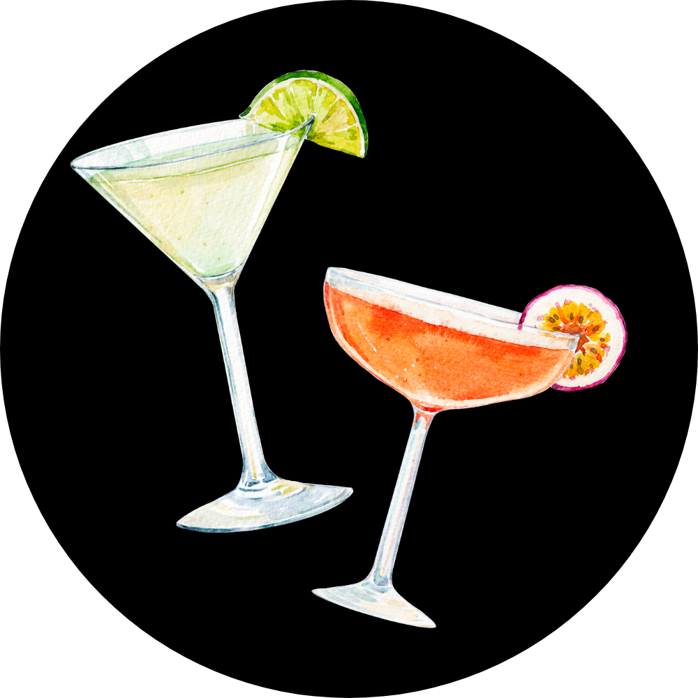 Watercolor illustration of two cocktails with lime and passion fruit garnishes on a black background.