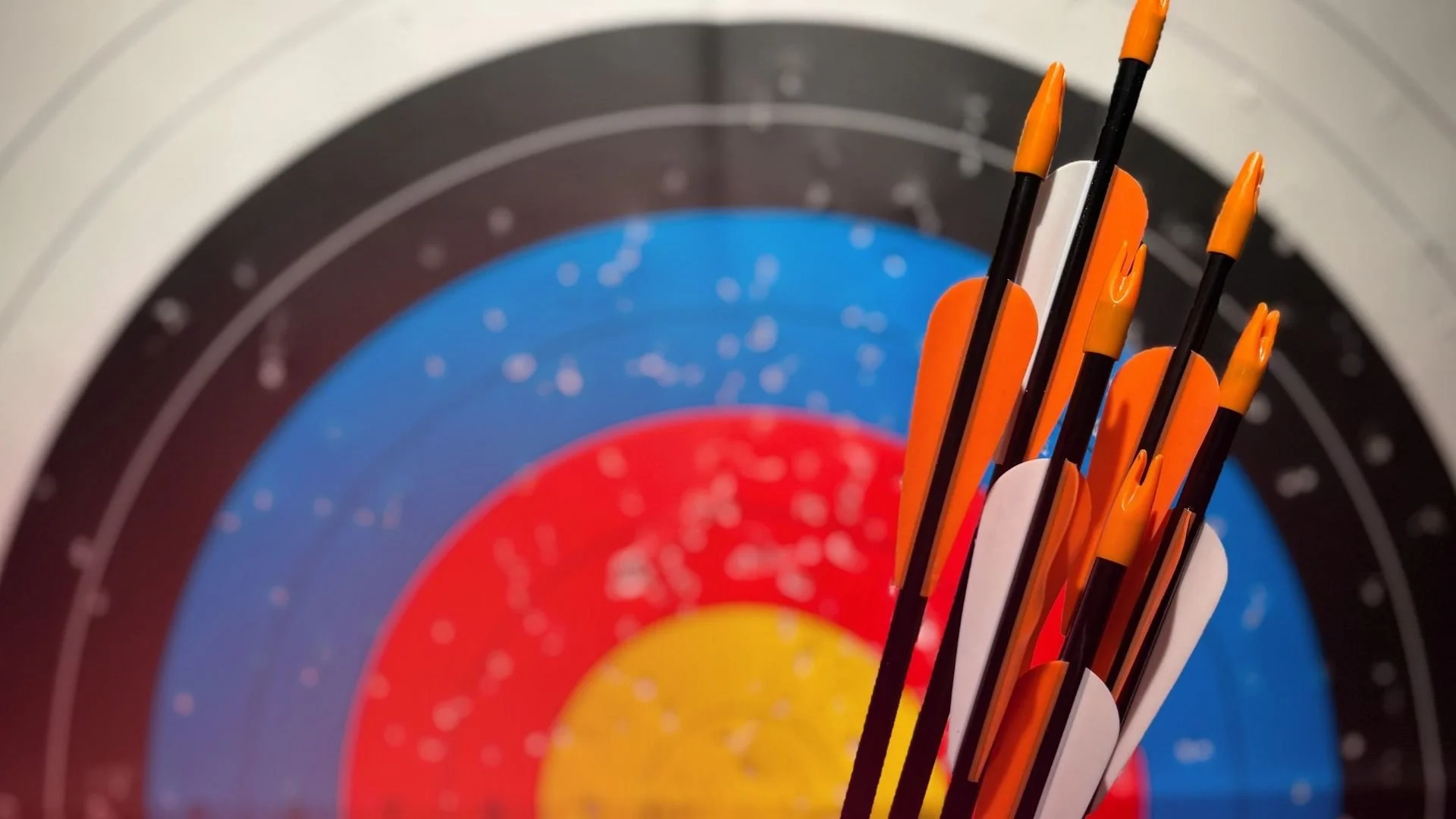 Archery target with multiple arrows stuck in it, including black and orange fletched arrows at center.