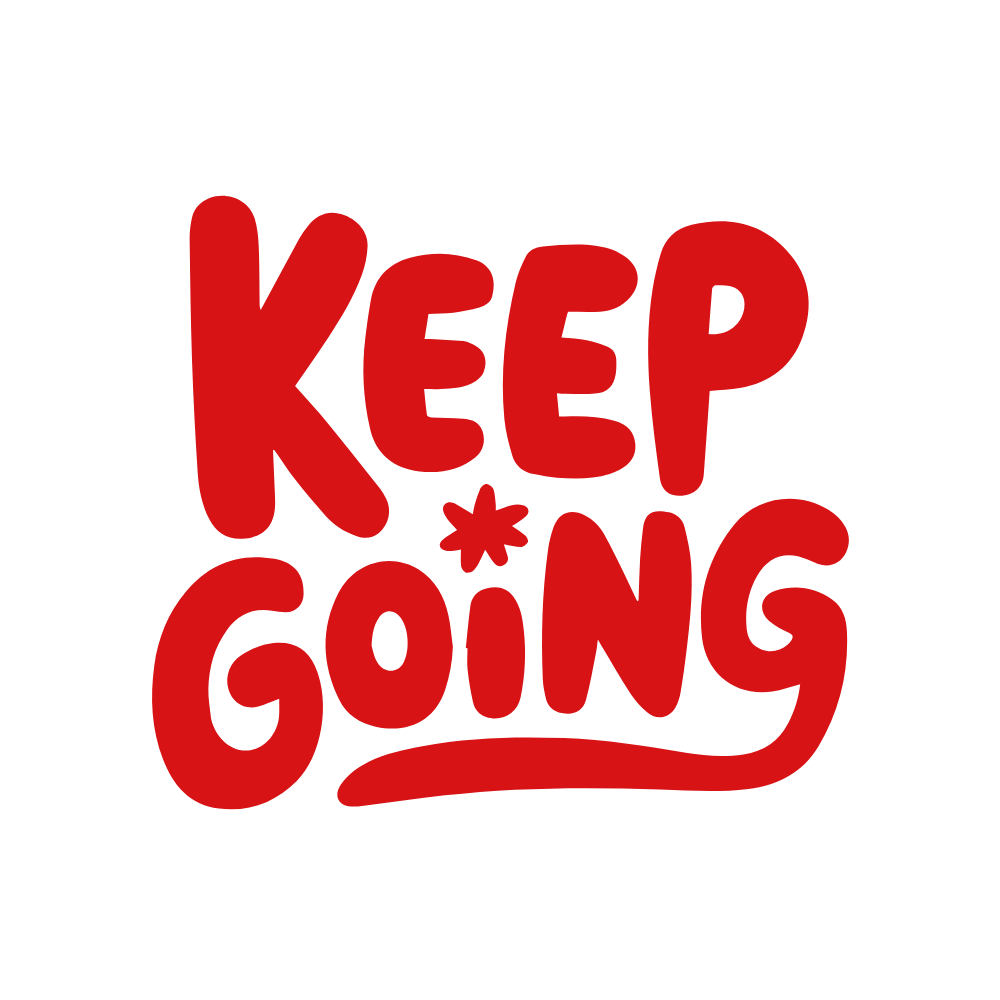 A circular graphic with a white background and red text that says 'Keep Going'.