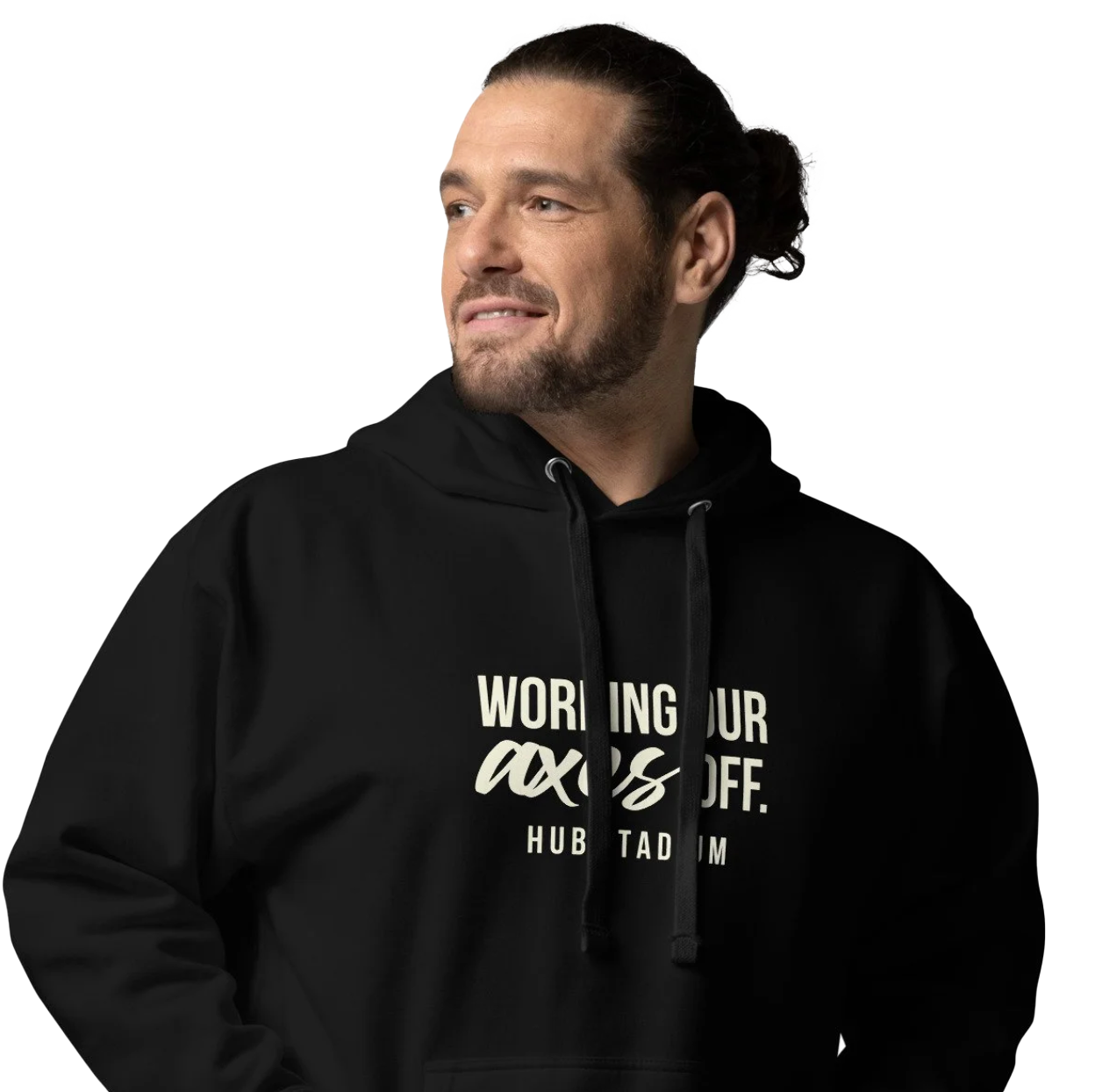 A man with brown hair tied in a bun and a beard wearing a black hoodie with white text that says 'Working our axes off. Hub TAD FM' looking to the side with a slight smile.