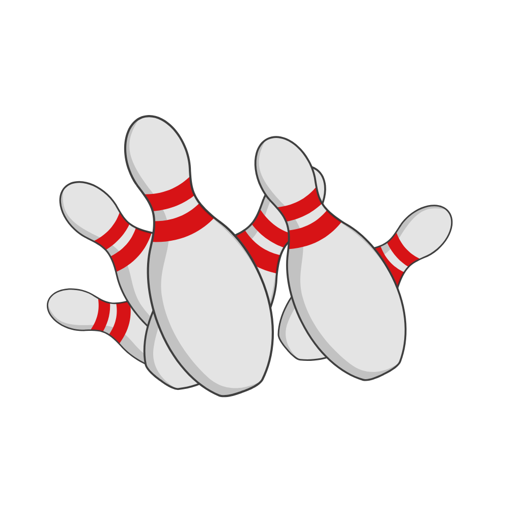 Illustration of two bowling pins with red stripes.