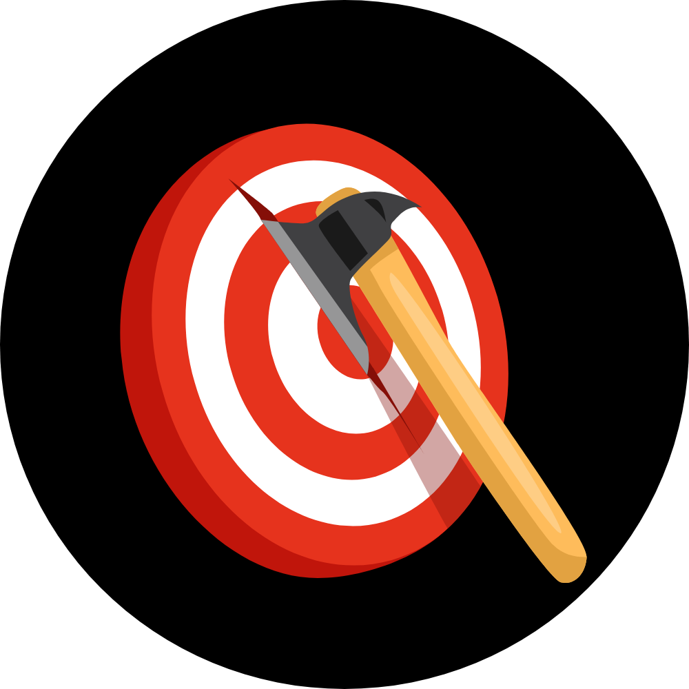 A target with concentric red and white circles and an axe embedded in the bullseye.