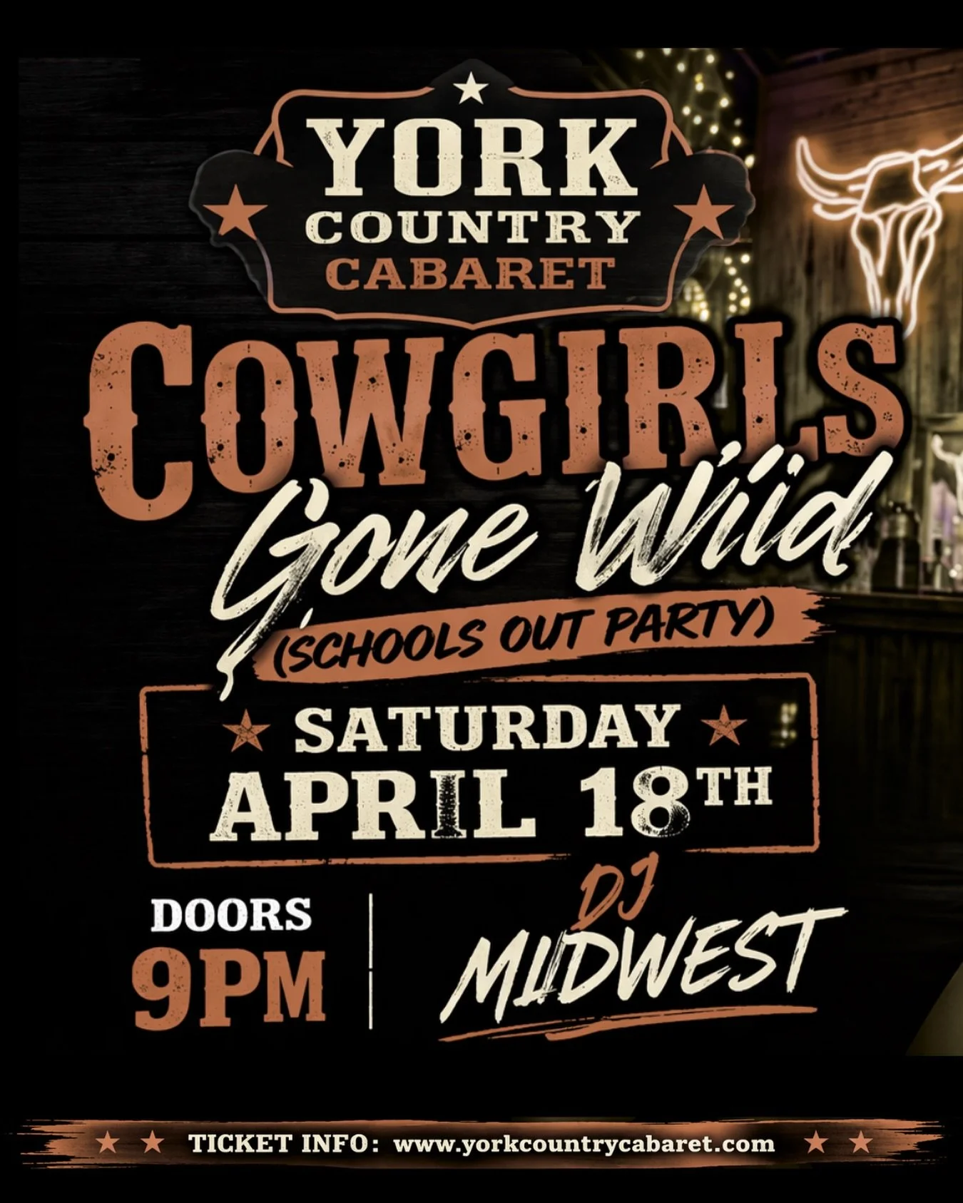 this isn&rsquo;t your average country night 🤠🔥 @midwest_dj is bringing the ultimate schools out party to the YORK!! 

COWGIRLS GONE WILD 🪩
april 18th | 9PM

This is your official kickoff to freedom &mdash; no classes, no stress, just boots, beats,