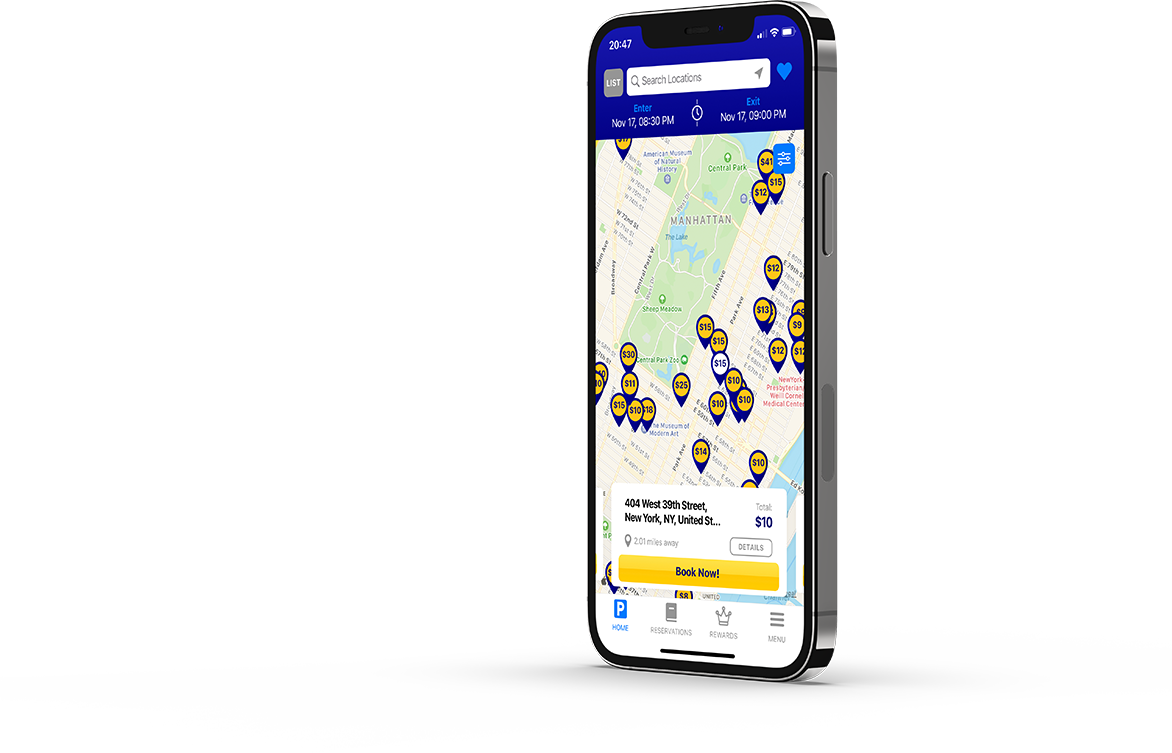 Smartphone screen displaying the iPark mobile app with a map of Manhattan, New York, showing parking locations with prices and a reserved parking space at 404 West 39th Street.