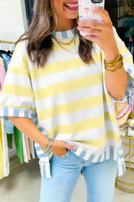 Stripe Exposed Seam Contrast Patchwork Oversized Top