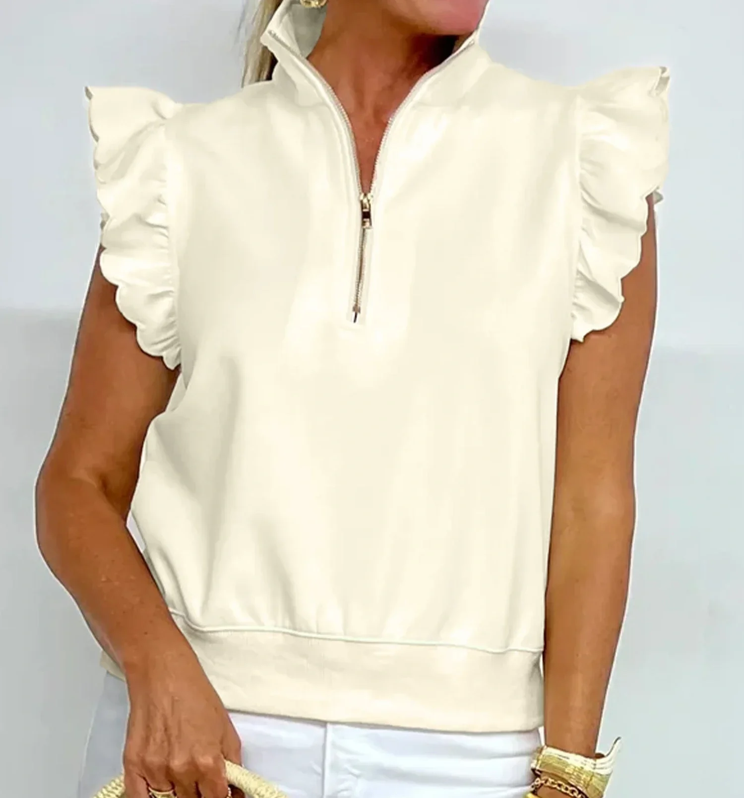 Beige Zipped up Collared Ruffled Short Sleeve Blouse