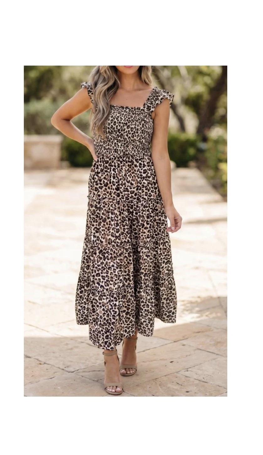 Brown Ruffled Straps Smocked Tiered Leopard Maxi Dress
