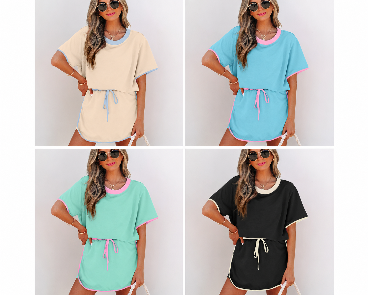 Colorblock Edge Drop Shoulder T Shirt and Skort 2Pcs Set