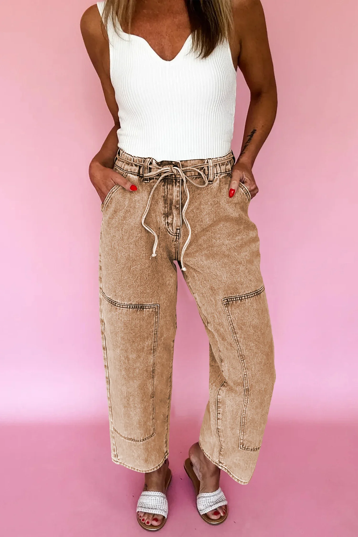 Acid Wash Tie Waist Denim Pants