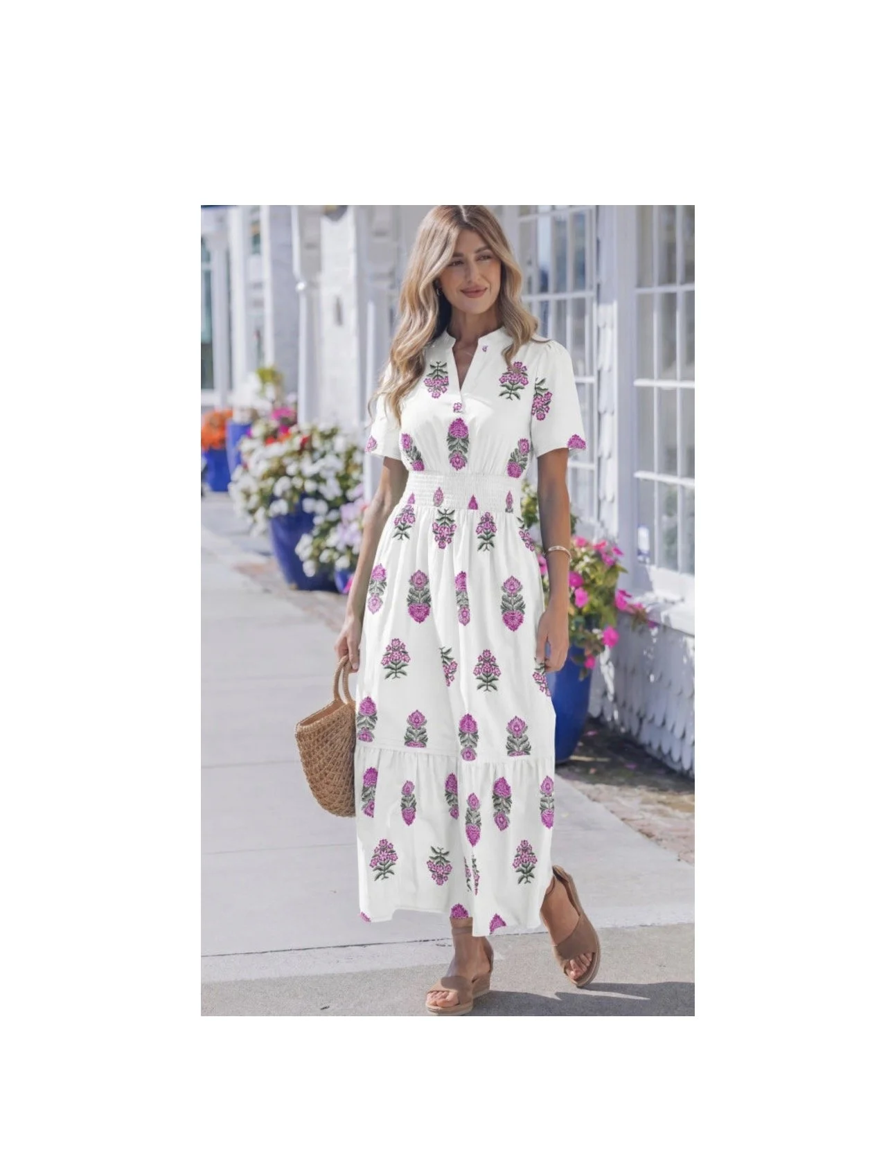 White Floral Print Split Neck Shirred High Waist Ruffle Hem Maxi Dress
