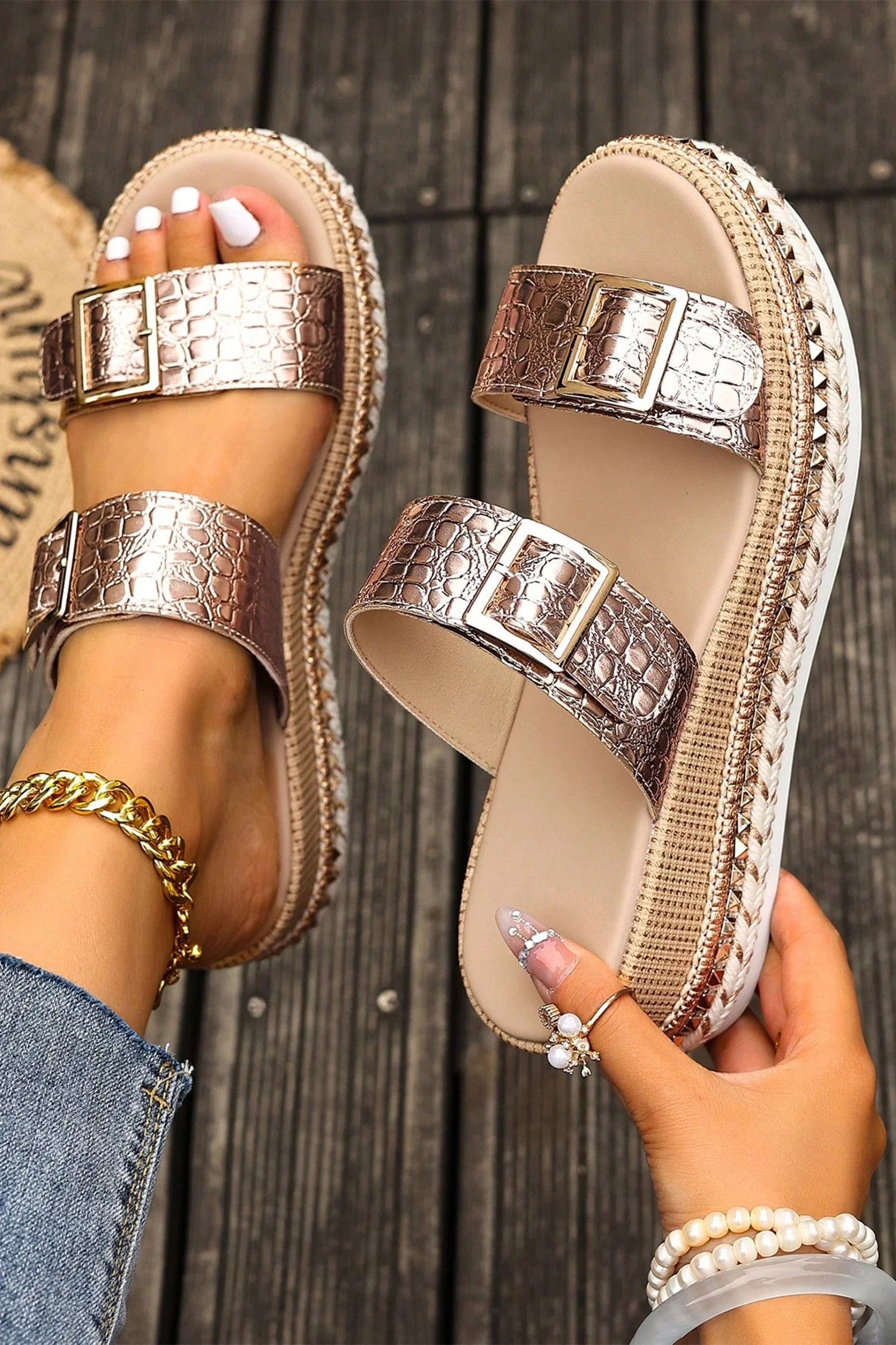 Metallic Textured PU Leather Buckle Wedge Platform Slippers