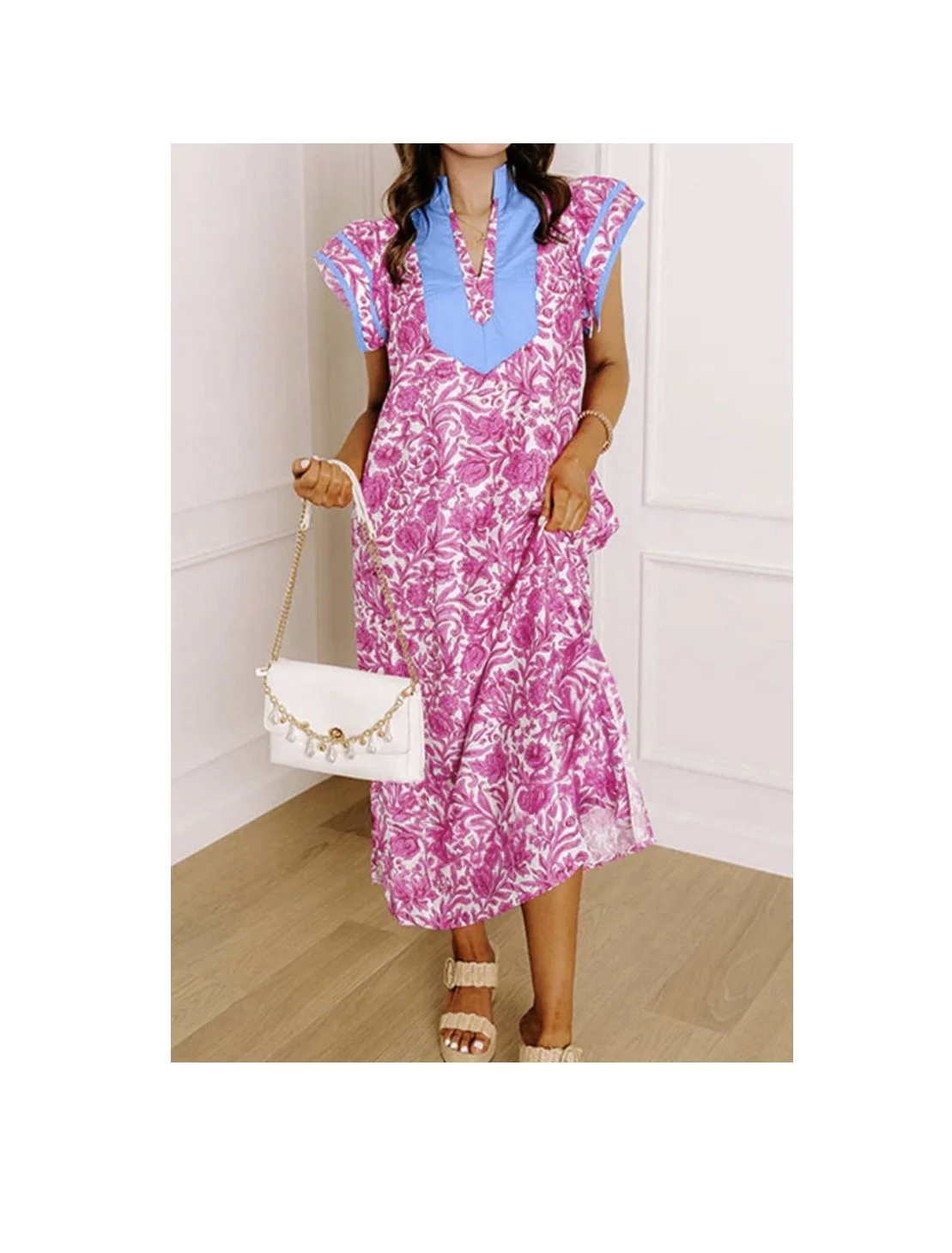 Pink Floral Print Color Block Patchwork V Neck Short Sleeve Midi Dress