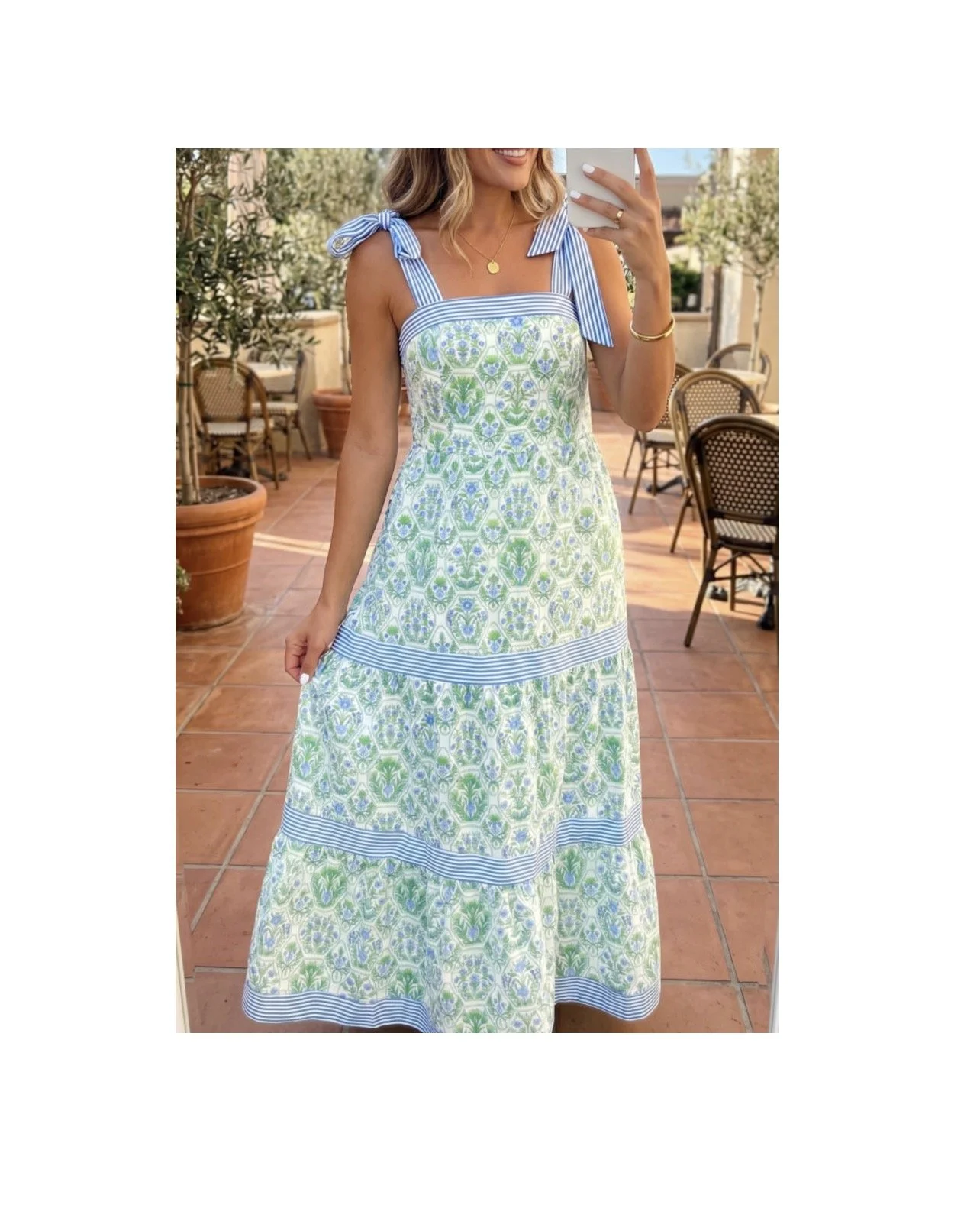 Floral Print Striped Detail Knot Straps Maxi Dress