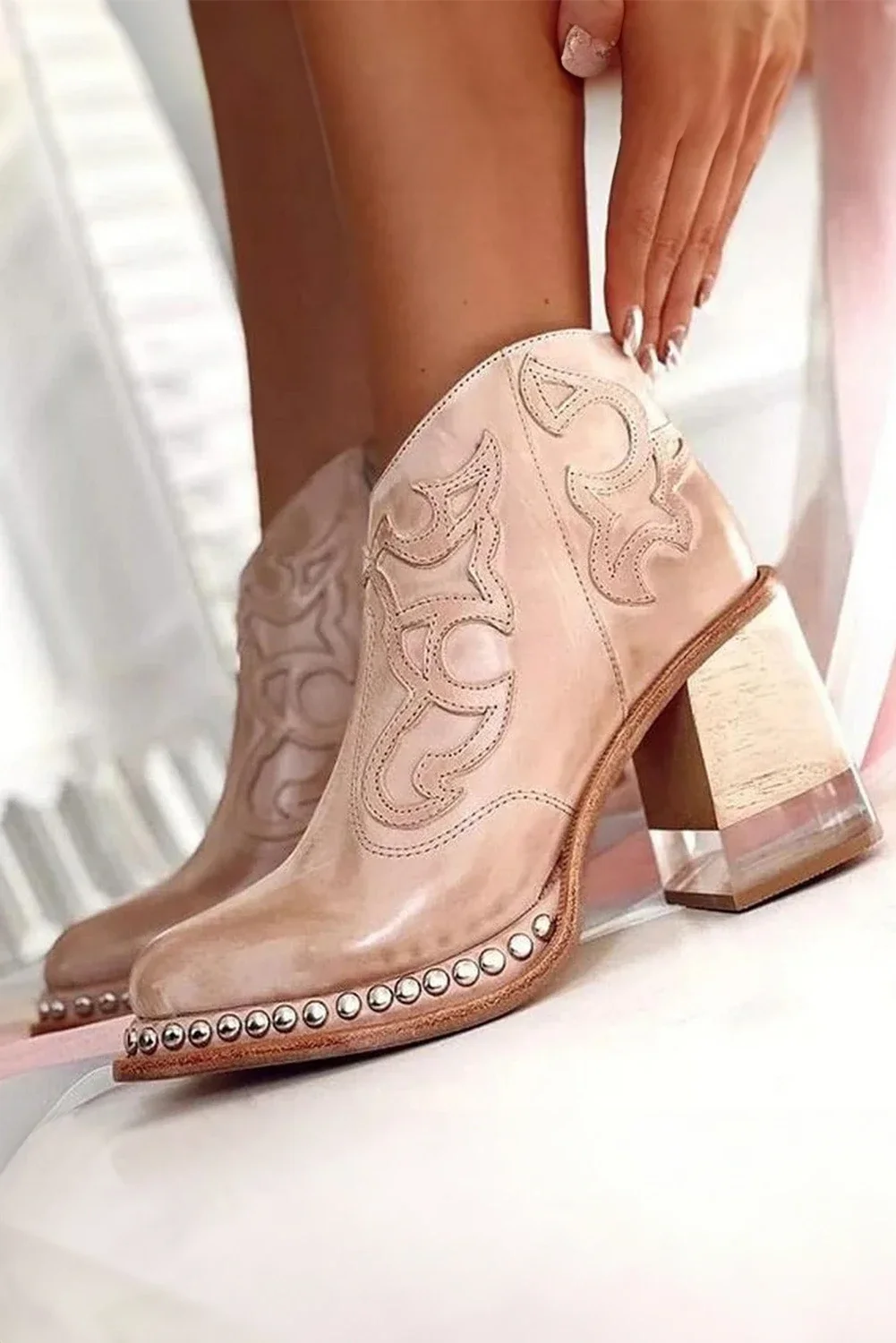 Light French Beige Western Embroidered PU Leather Studded Detail High Heel Ankle Boots