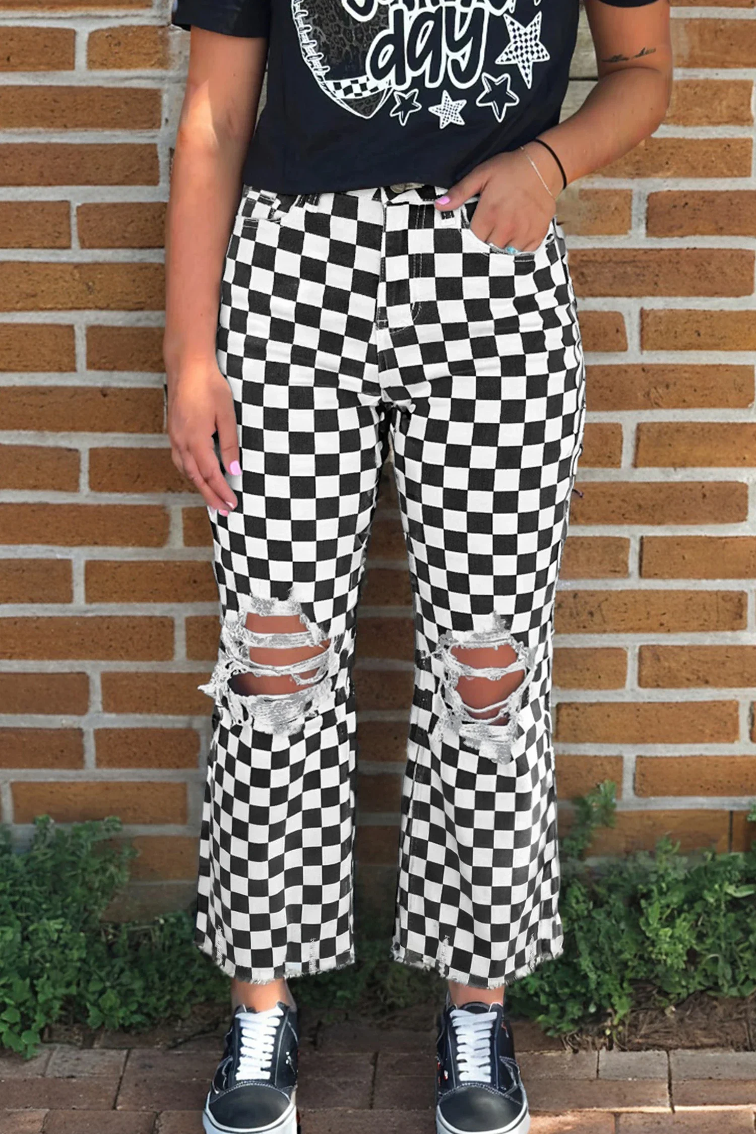 Checkerboard Print Distressed Holes Raw Edge Cropped Jeans