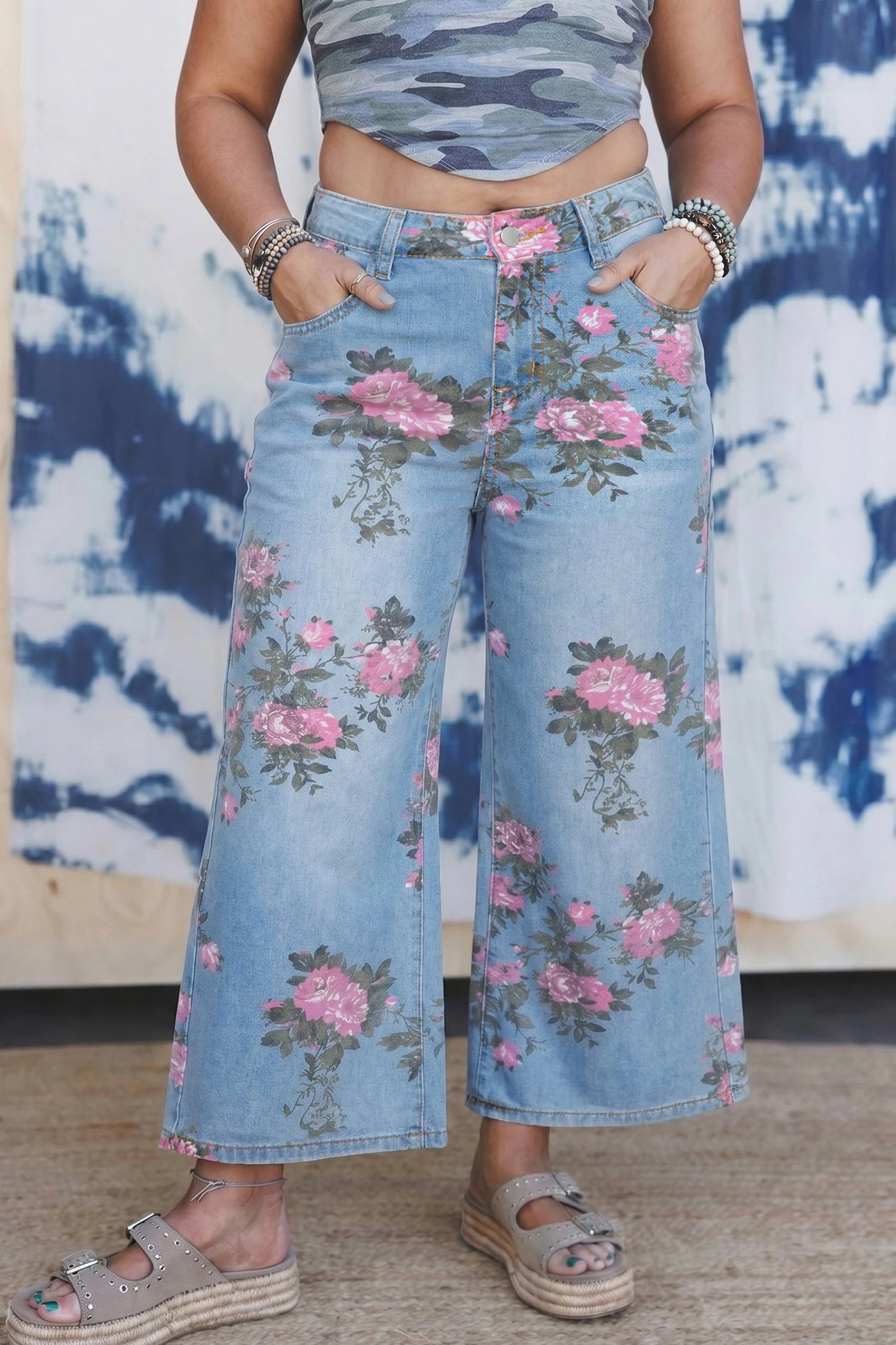 Sky Blue Plus Size Floral Print Ankle Length Loose Jeans