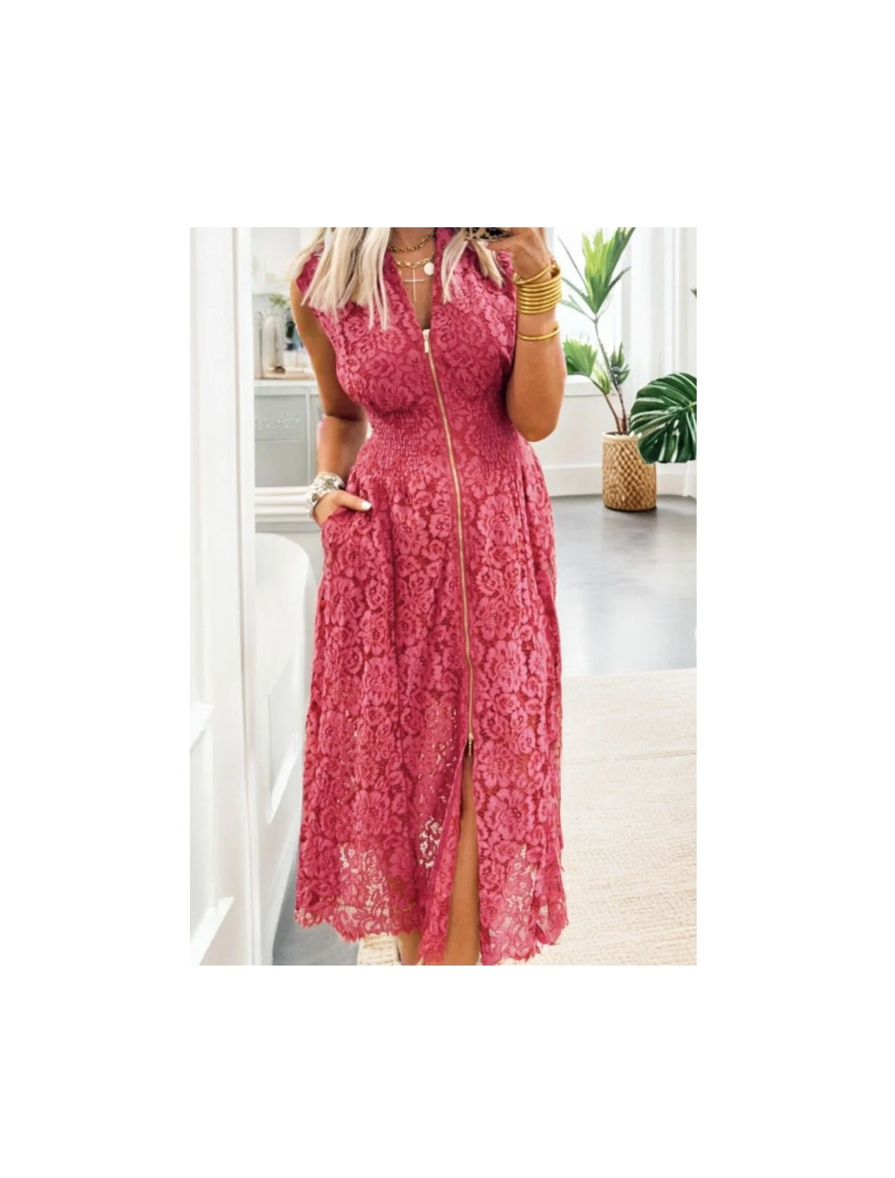 Coral Floral Lace Overlay Zip Up V Neck Smocked Waist Sleeveless Dress