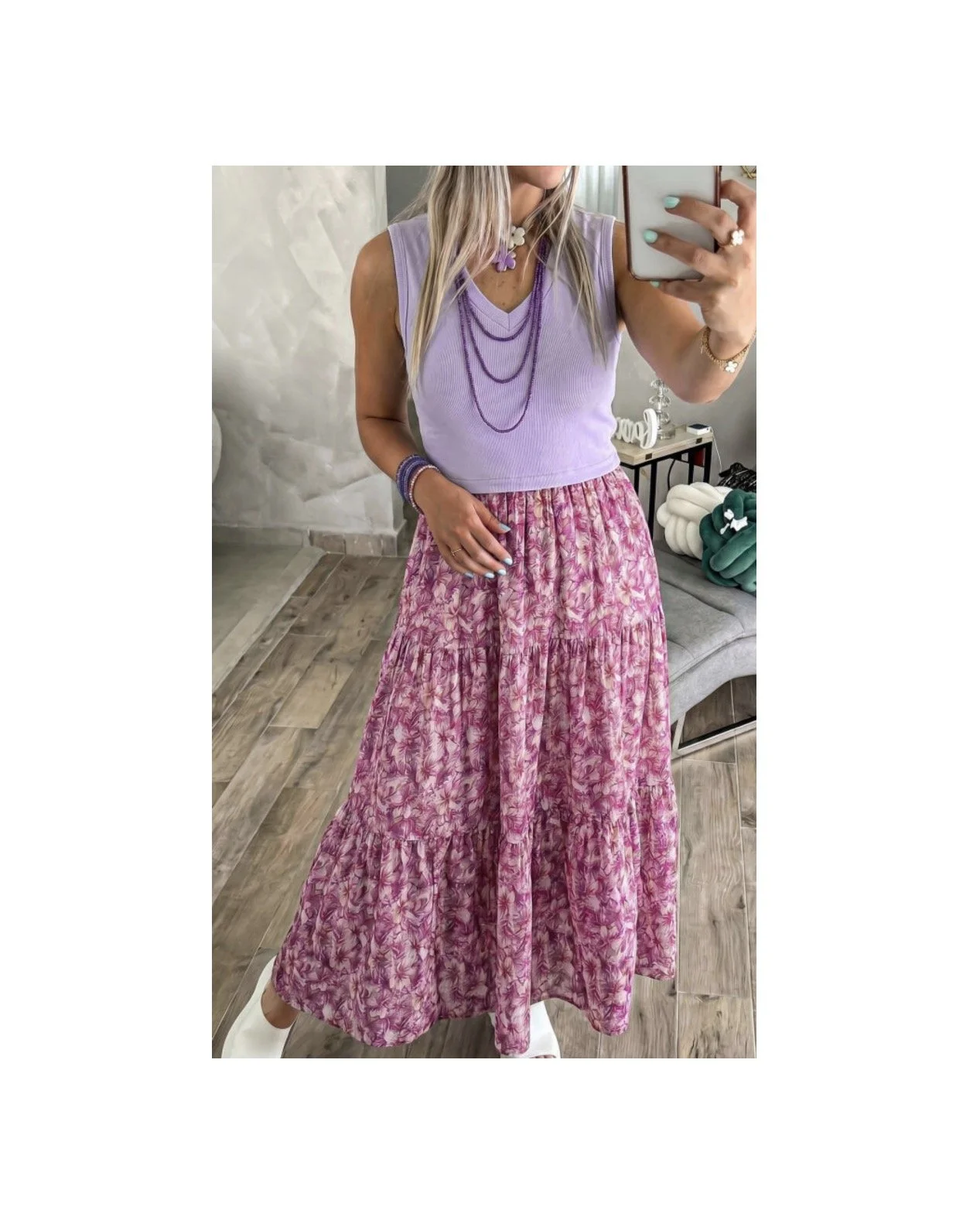 Purple Ribbed V Neck Tank Floral Contrast Patchwork Long Dress