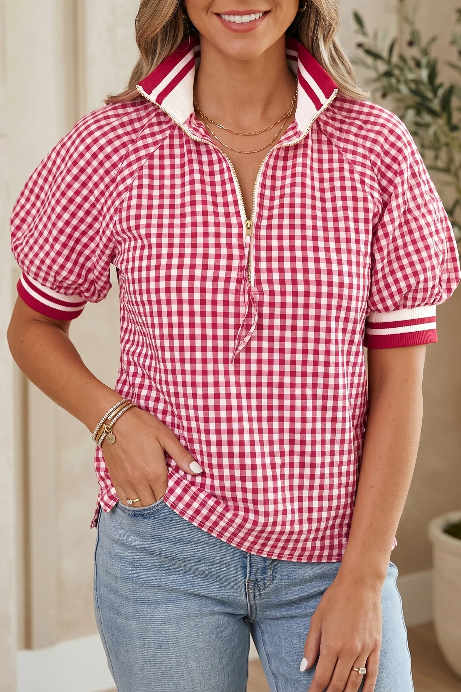 Red Gingham Striped Patchwork Half Zip Blouse  Item NO.: LC25137723-P322