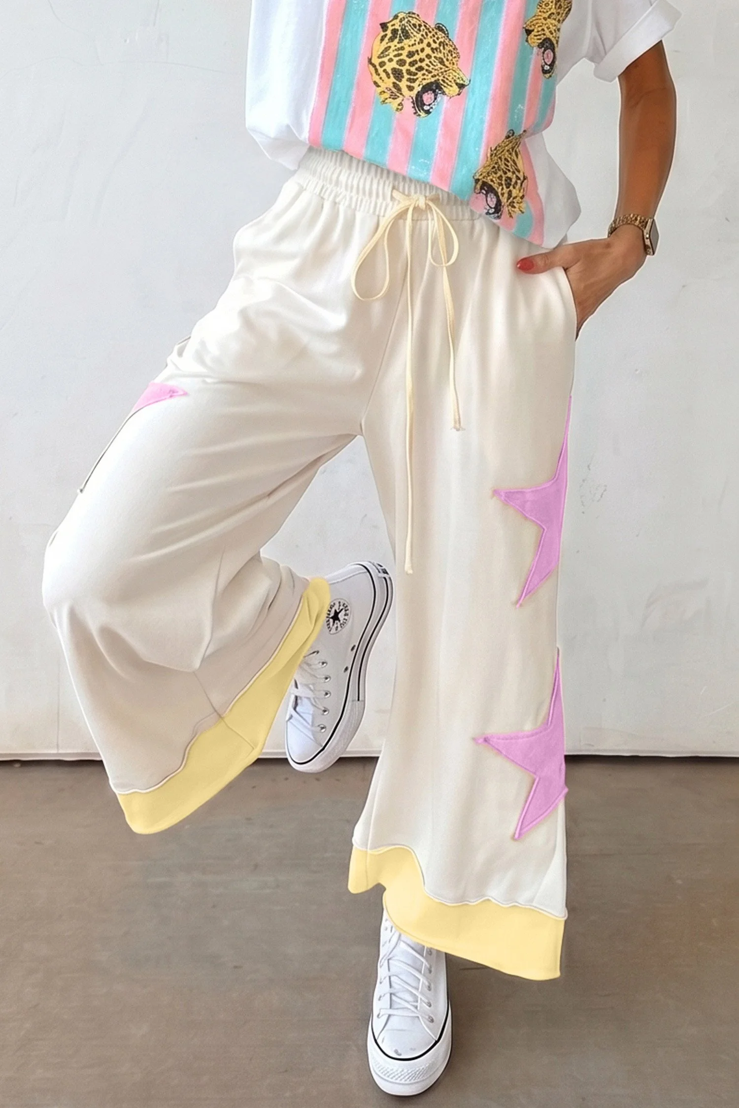 White Summer Color-Blocked Star Patchwork Pants