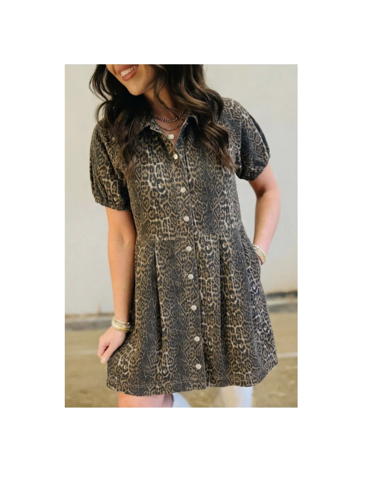 Leopard Print Short Sleeve Pleated Denim Mini Dress