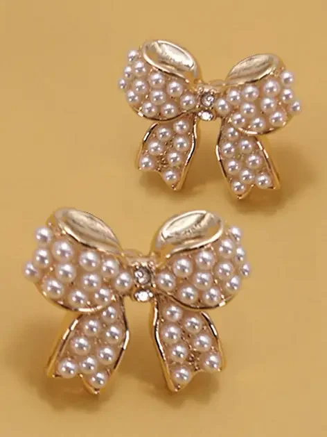 Mini Pearl Bow Ribbon Gold Earrings
