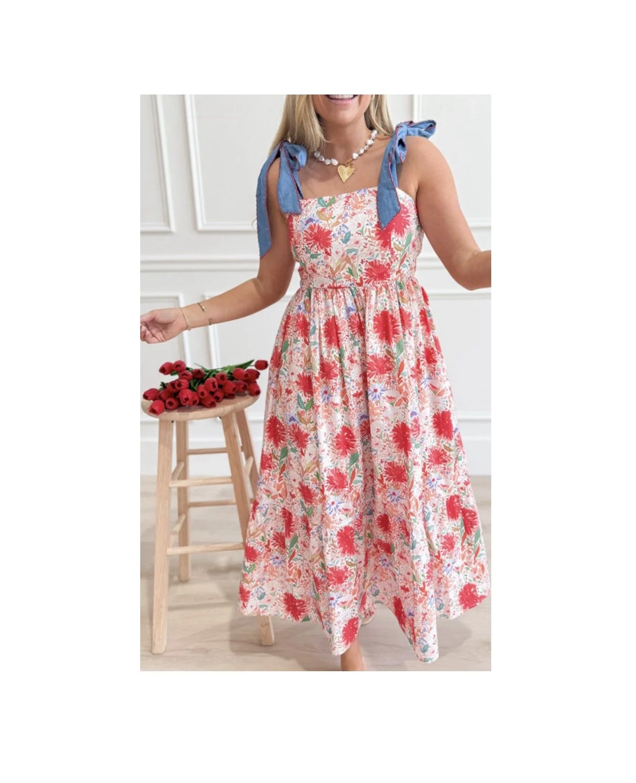 Red Floral Print Contrast Stitched Knot Denim Straps High Waist Dress