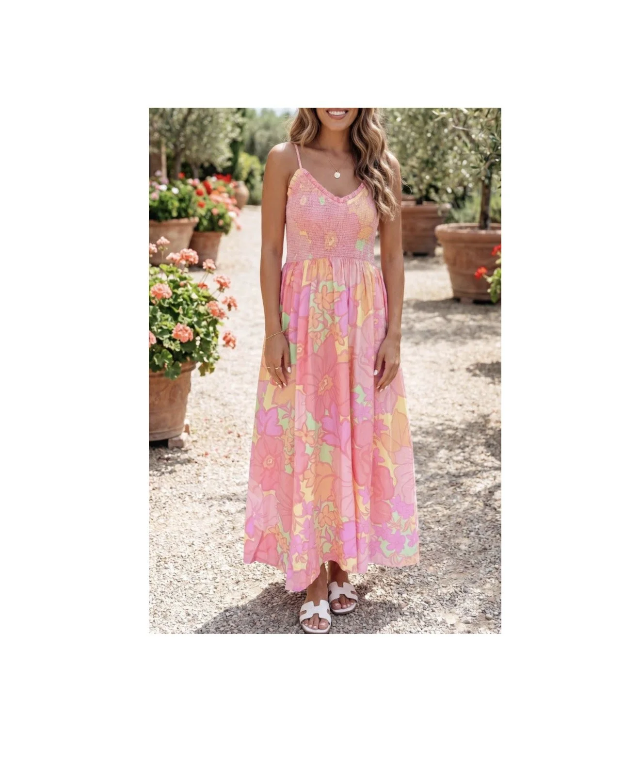 Pink Spaghetti Straps Floral Shirred High Waist Dress