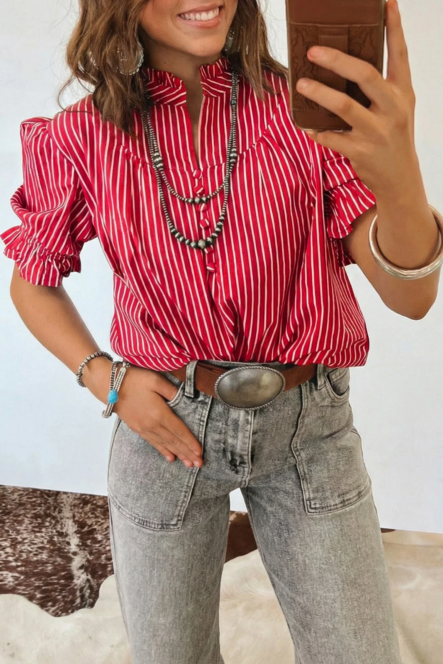 ed Stripe Ruffled Short Puff Sleeve Button Front Blouse
