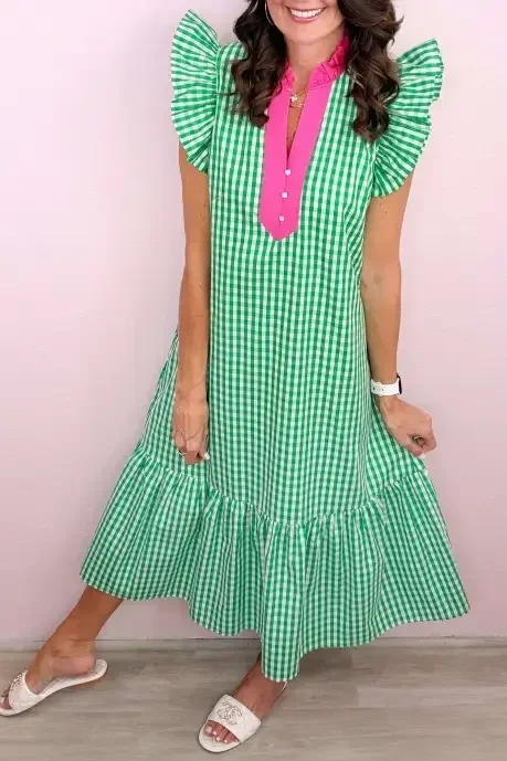 Bright Green Summer Color-Blocked Plaid Pattern Midi Dress
