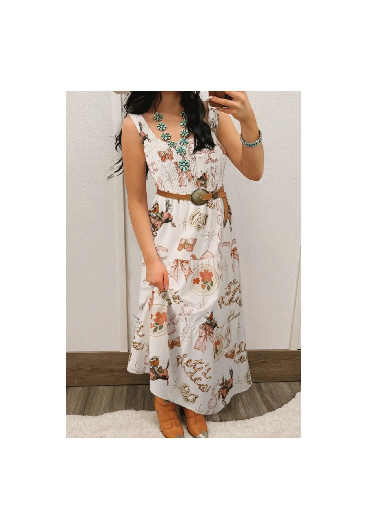White Western Horseshoe Print U-Neck Sleeveless Midi Dress