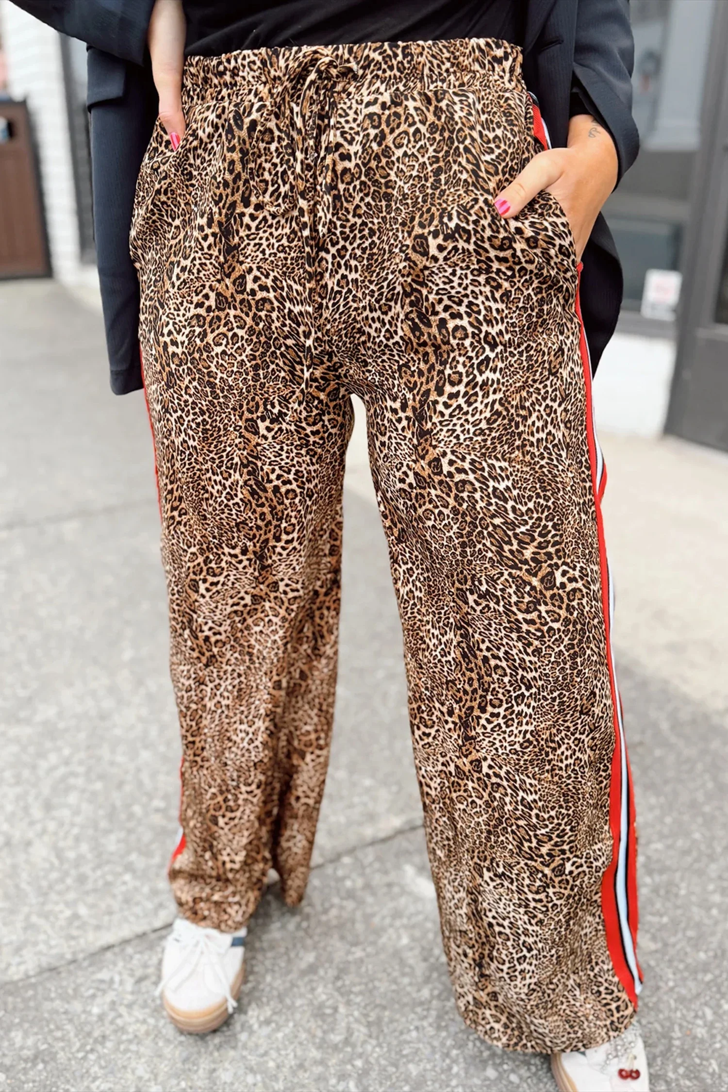 Khaki Leopard Print Colorblock Side Stripes Wide Leg Full Length Plus Size Pants