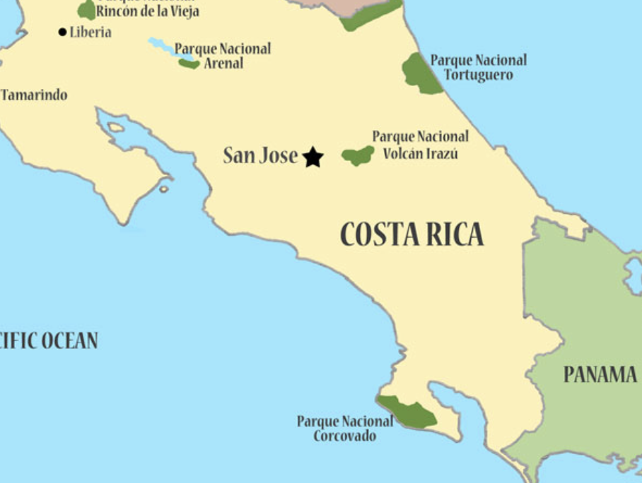 Map showing a route from San José to Sosa peninsula in Costa Rica, with nearby cities and national parks labeled.