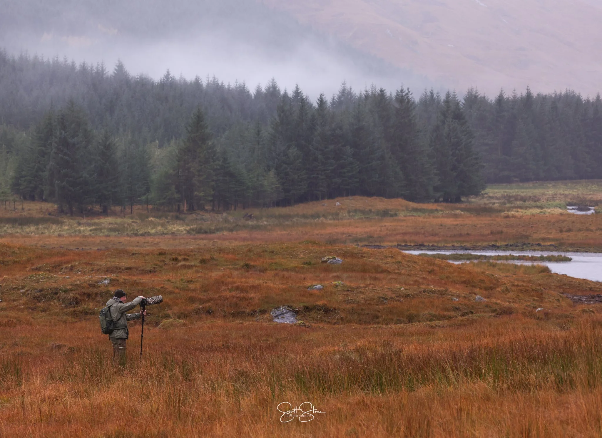 A person in outdoor gear with a large camera and tripod capturing a landscape of grassland, forest, and mountains with mist in the background.