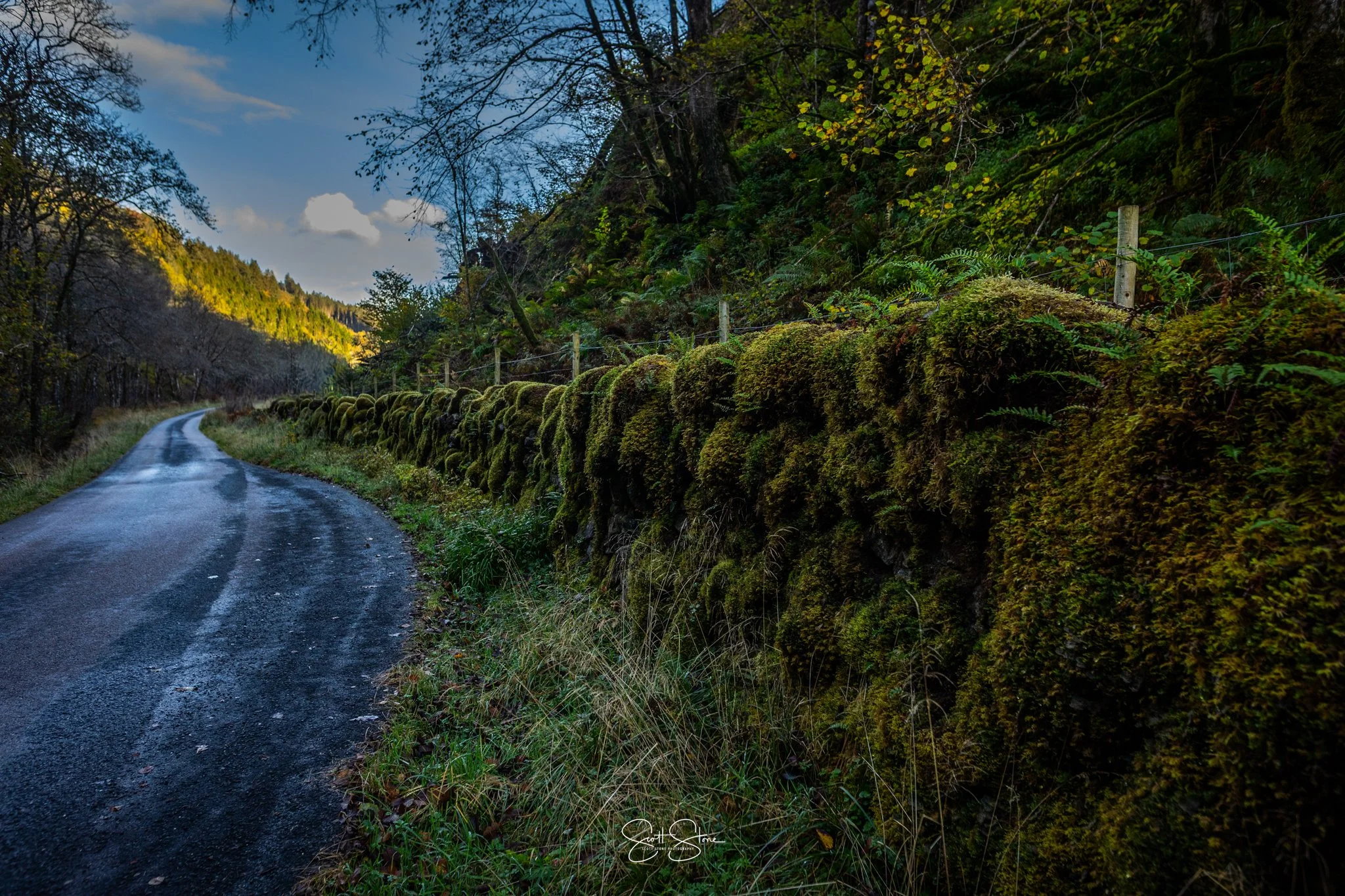 A winding road through a forested area with moss-covered rocks and a mossy fence on the right side, with trees and hills in the background under a partly cloudy blue sky.