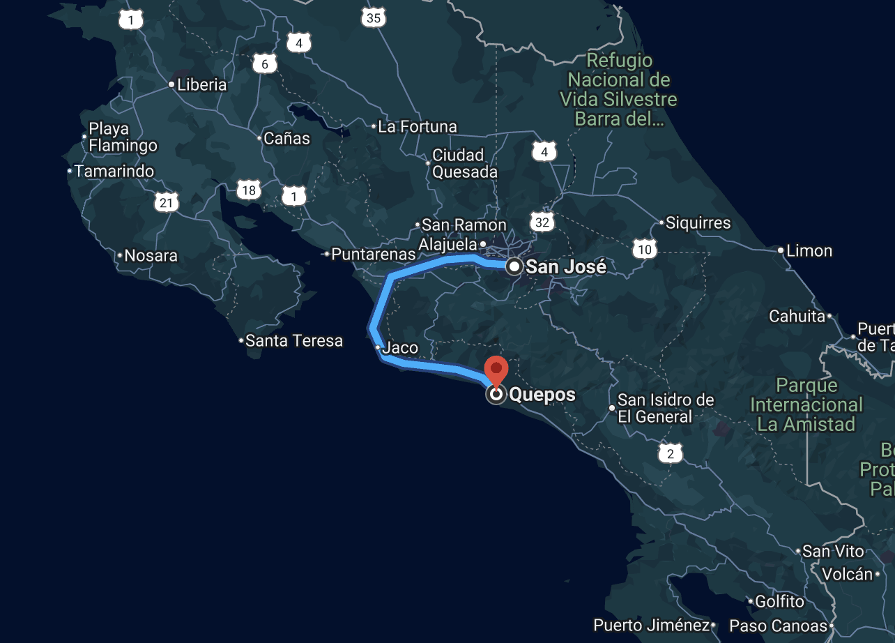 Map showing a route from San José to Quepos in Costa Rica, with nearby cities and national parks labeled.