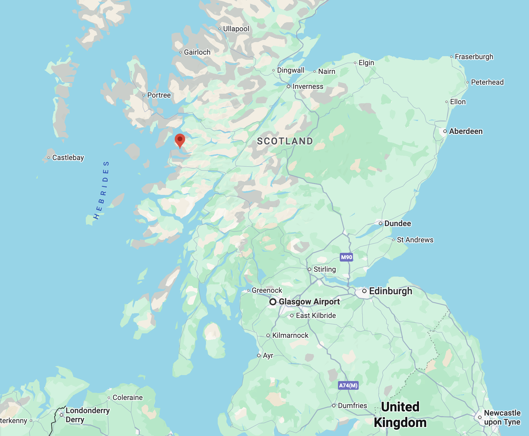 Map of Scotland showing cities like Edinburgh, Glasgow, Greenock, Stirling, and Inverness, with a red marker near the western coast.