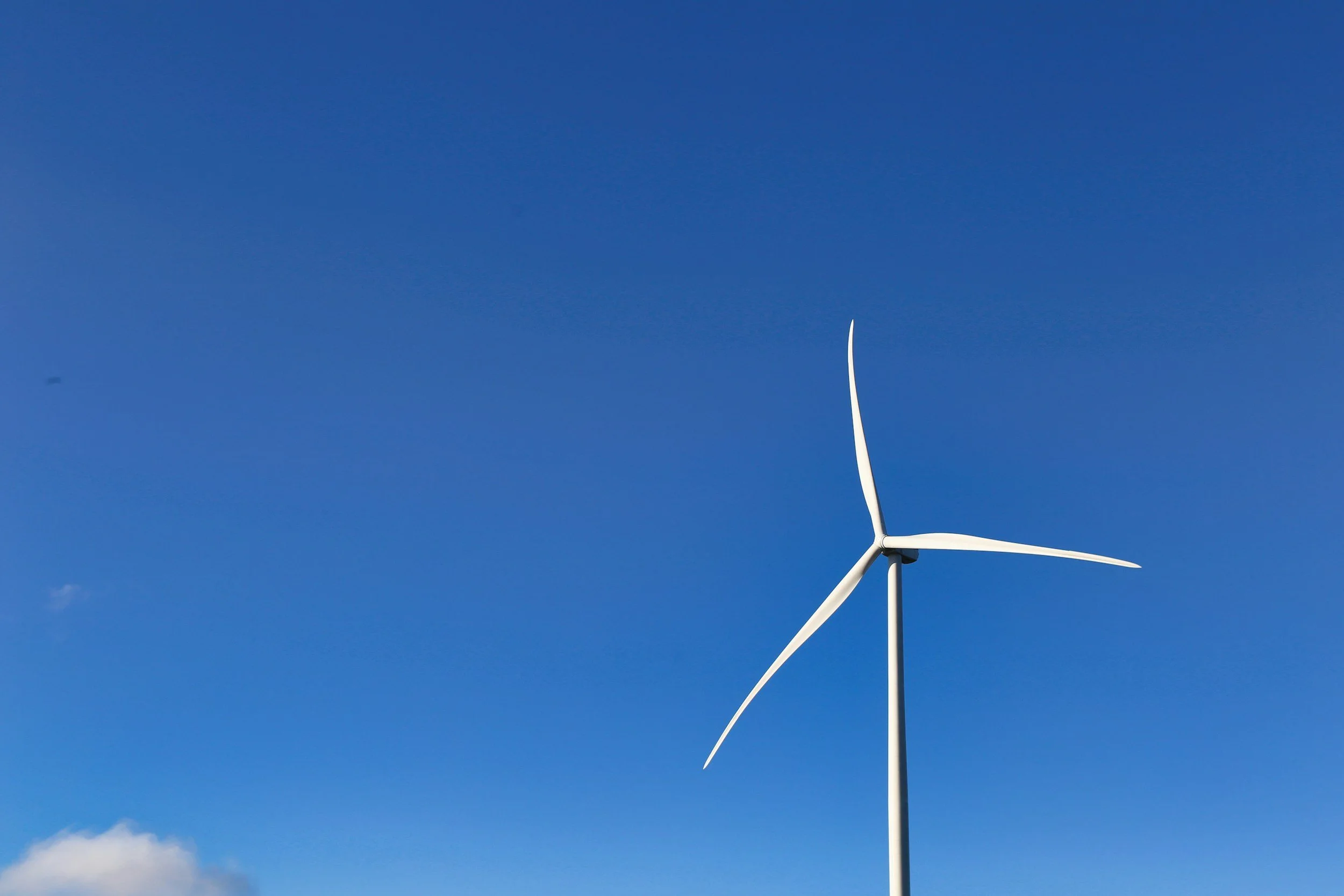 Solar panels arranged in a field under a blue sky with scattered clouds.