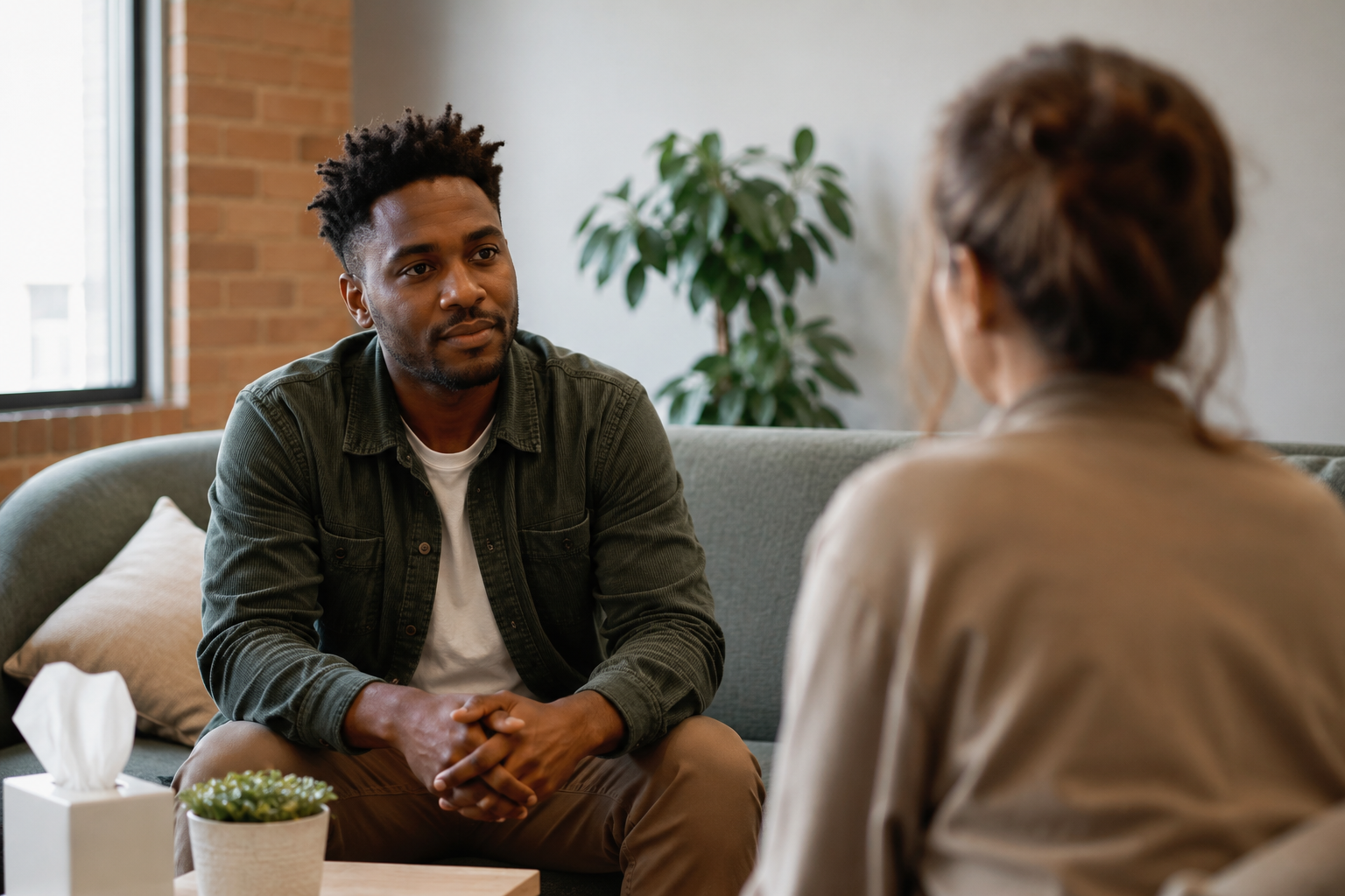 Michigan man sitting calmly in his IFS therapy session