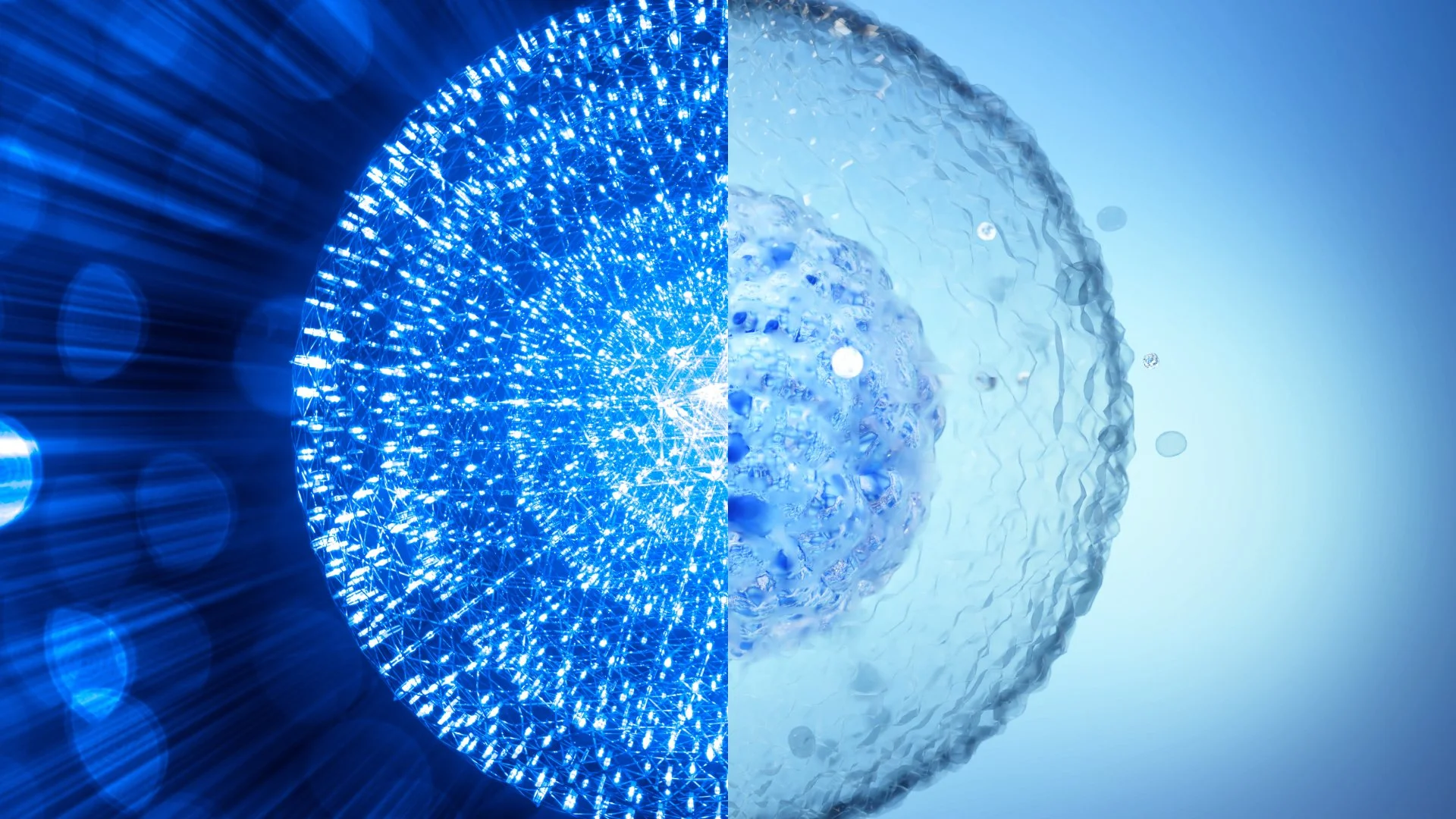 A digitally created image of a human head, split into two halves. The left side features a blue, glowing, network-like structure representing a digital or technological brain. The right side shows a semi-transparent, icy, ice-like texture resembling water or ice with water droplets. The background is a gradient blue.