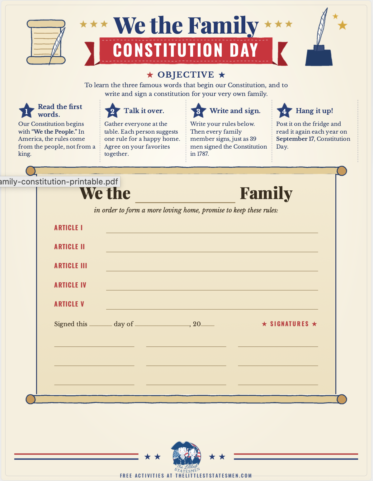 Constitution Day Activity for Kids: Free Family Constitution